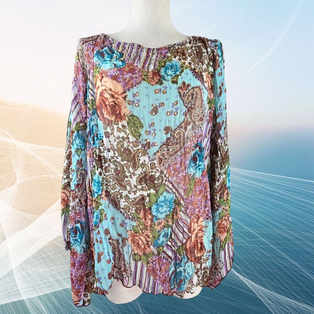 Kaelyn Max Sheer Top Womens 2X Floral Paisley Fairy Crinkle Sequins Boho Artsy